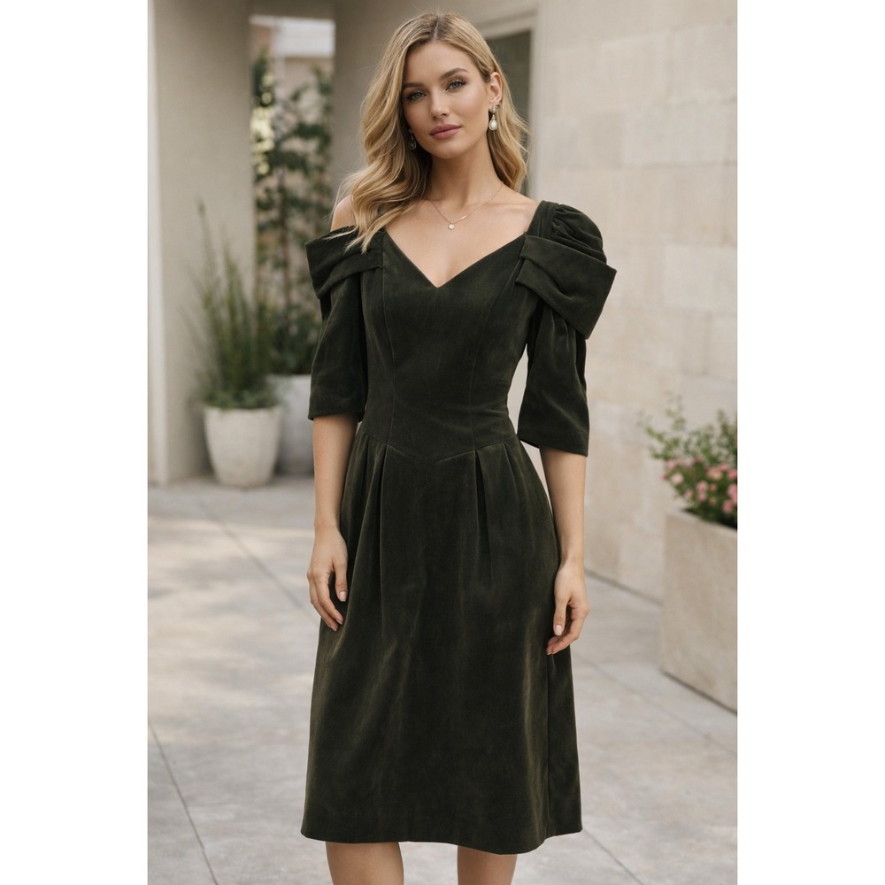 House of Bianchi Velvet Cocktail Dress Womens 9/10‎ Green Excellent 80s Vintage